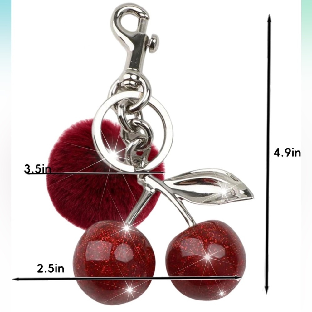 New Glittery Red Cherry Bag Charm w/ Silver-Toned Hardware & Large Pom Pom - Picture 3 of 6